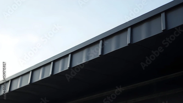 Fototapeta Building Texture crop of ultra-modern roof edge with matte black ribbed panels meeting gradient sky. (2).jpg