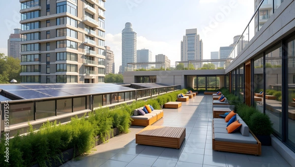 Fototapeta Building Urban rooftop university terrace with solar panels, glass fencing, and collaborative seating pods. (3).jpg