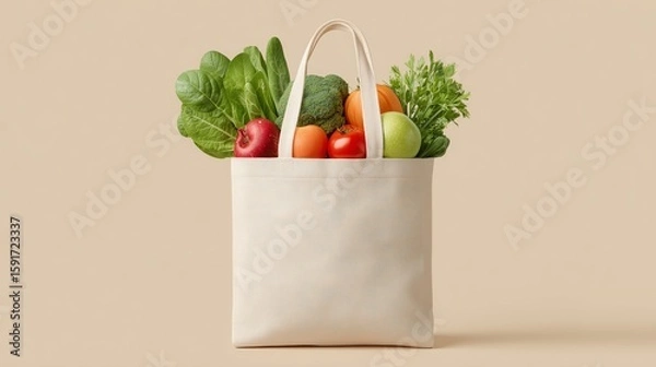 Fototapeta Eco Grocery Tote Mockup – White Canvas Bag with Fresh Produce on Neutral Background