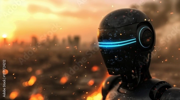 Fototapeta Futuristic Humanoid AI Robot with Glowing Blue Eyes in Fiery Battlefield