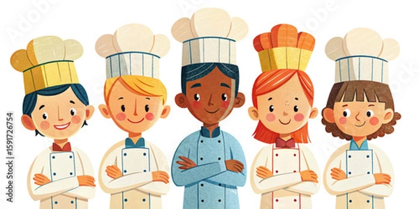 Fototapeta set of chef collection professionals standing confidently with arms crossed and smiling. Formal attire, diverse characters, food theme, isolated on white background