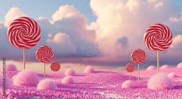 Fototapeta Whimsical landscape featuring giant lollipops, pink hills, and a dreamy sky.