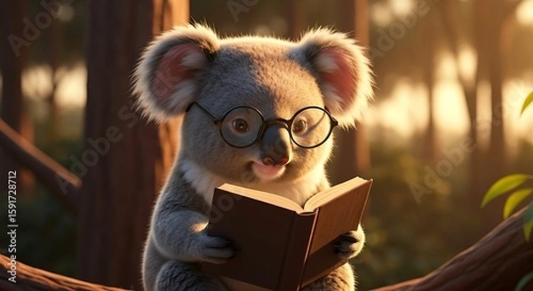 Fototapeta Adorable koala wearing glasses reading a book in a sunlit forest nature scene.