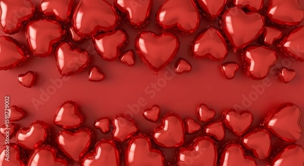 Fototapeta Red heart-shaped balloons create a festive border on a vibrant red background.