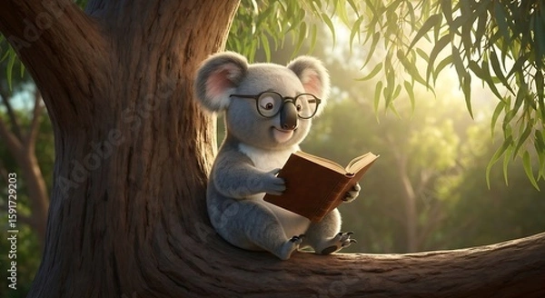 Fototapeta Adorable koala wearing glasses reading a book on a tree branch in sunlit forest background.