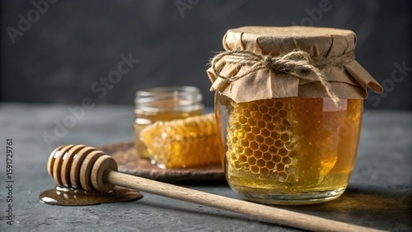 Fototapeta Rustic Honeycomb and Honey Jar with Wooden Dipper:  Dark Moody Food Photography