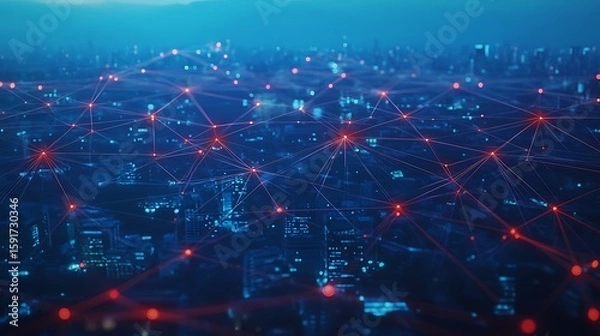 Fototapeta Digital Network Connecting Over Cityscape at Night with Futuristic Technology