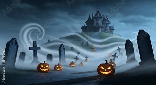 Fototapeta Spooky Haunted House on Hill with Glowing Jack O Lanterns and Mysterious Graveyard Mist.