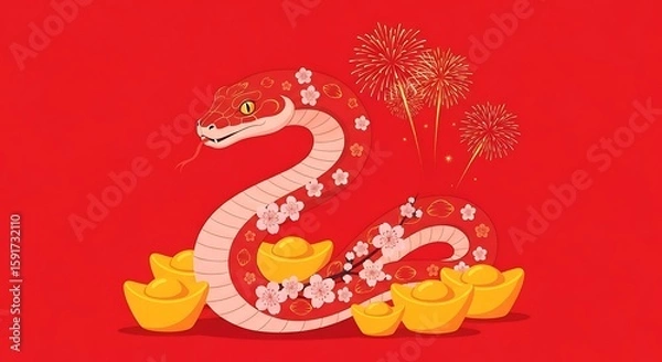 Fototapeta Decorative Red Snake Surrounded by Gold Ingots and Fireworks on Festive Background.