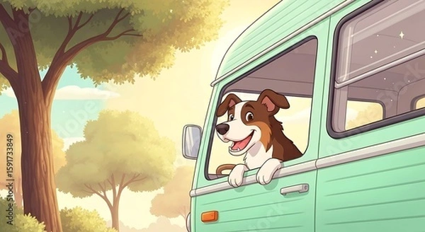Fototapeta Happy cartoon dog enjoying a road trip with head out vintage camper van window in sunny forest.