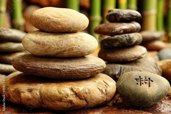 Fototapeta Stacked stones in various shades of brown and beige, against a backdrop of bamboo stalks