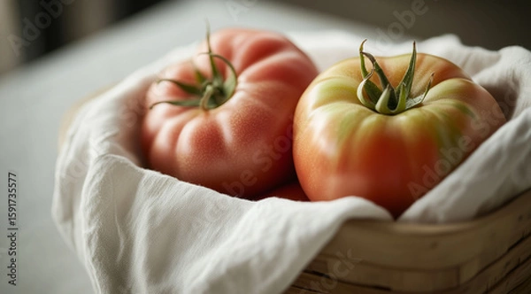 Fototapeta Freshly harvested ripe tomatoes nestled in a rustic basket on a wooden table