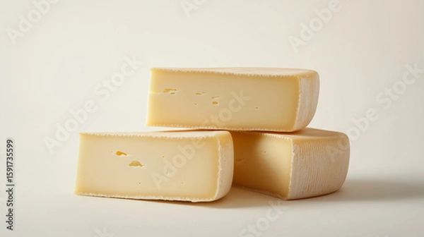 Fototapeta Slices of creamy cheese stacked on a light background showcasing its texture and color