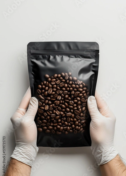 Fototapeta Hands holding a black packet filled with roasted coffee beans in a neutral setting