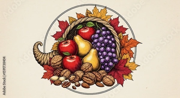 Fototapeta Autumn harvest cornucopia illustration with apples grapes pears nuts and colorful fall leaves.