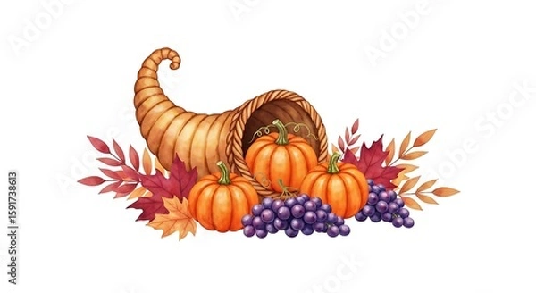 Fototapeta Autumn cornucopia filled with pumpkins grapes and colorful fall leaves on white background.