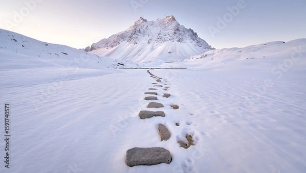 Obraz A snowy mountain landscape with a stone path in winter