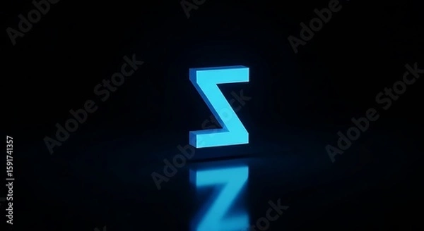 Fototapeta Glowing Blue 3D Sigma Symbol with Reflection on Dark Background for Modern Design.
