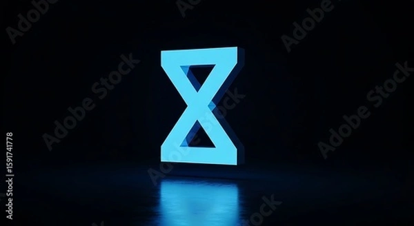 Fototapeta Futuristic glowing blue hourglass shape abstract 3D symbol on dark reflective background.