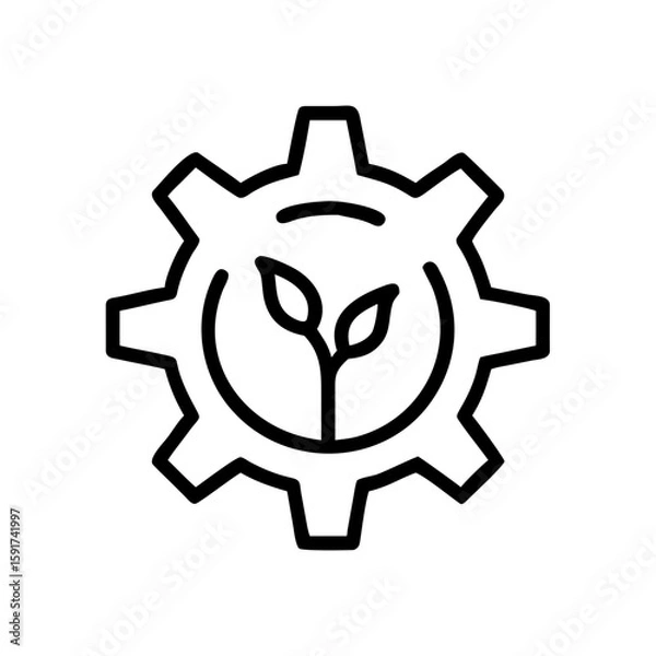 Fototapeta Gear with branches and leaves in black line art on transparent  background  