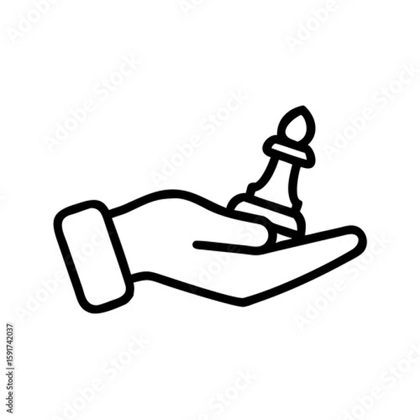 Fototapeta Hand holding a pawn in a minimalist line art style on a transparent  background  