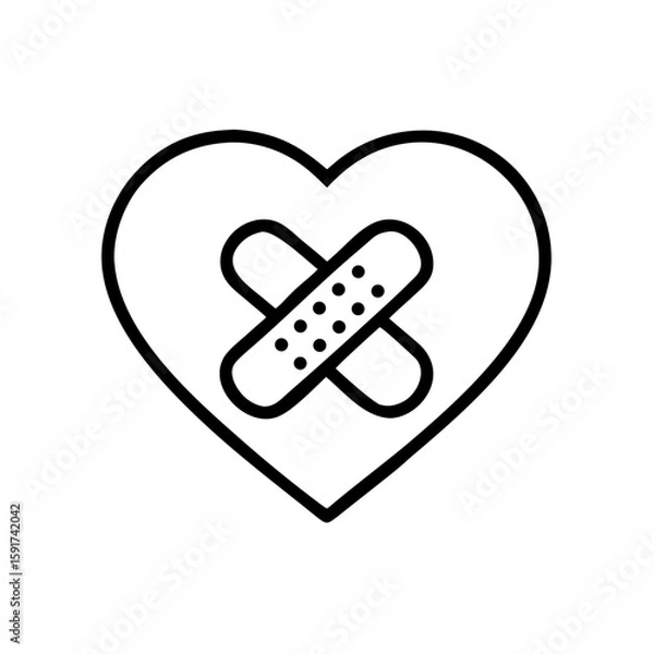 Fototapeta Heart with bandaid icon in black outline on transparent background  