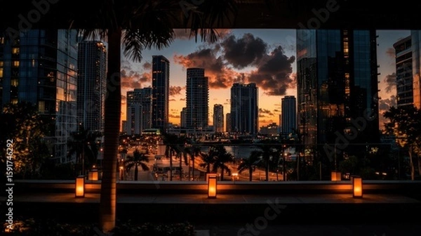 Obraz Sunset cityscape miami urban photography evening elevated view vibrant atmosphere