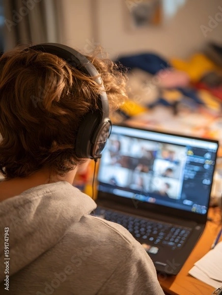 Fototapeta A Student Attends an Online Class Using a Laptop Computer and Headphones at Home