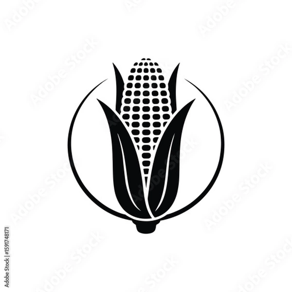 Obraz Black and white corn icon with husk and circular frame in minimalist silhouette style