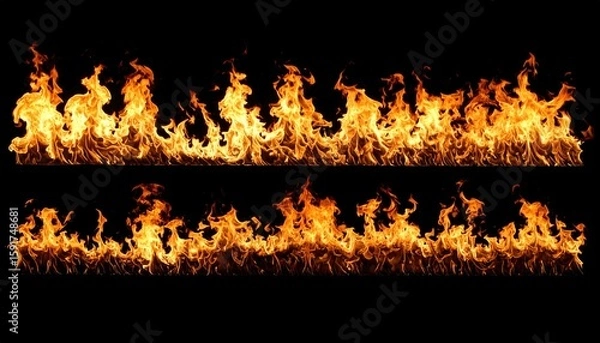 Fototapeta Two horizontal rows of flames against a black background