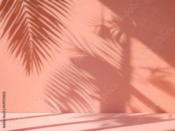 Obraz トロピカルなヤシの葉（パームリーフ）の影が映るピンクの抽象背景 - 商品展示、コスメ、サマープロモーションのプレゼンテーション用ミニマルな舞台