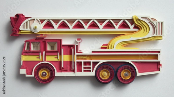 Fototapeta Fire truck paper cut art with extended ladder and hose in bold red and yellow colors, showcasing intricate layered design and creative craftsmanship on white background