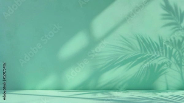 Fototapeta ミントグリーンの壁にヤシの葉の影が映える抽象的な背景。