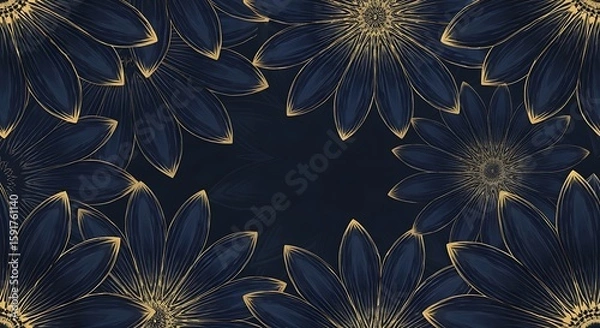 Fototapeta Elegant abstract dark floral background with golden line art daisy flower border pattern.