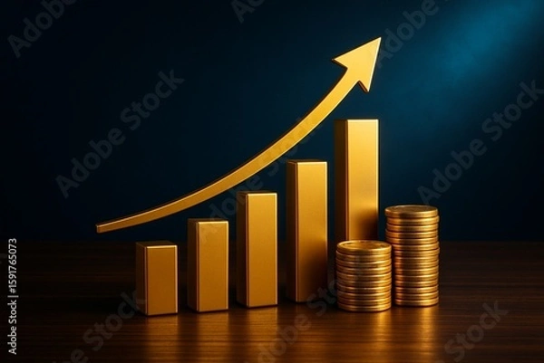 Fototapeta Golden Financial Growth Chart with Stacked Coins and Upward Arrow on Wooden Table, Symbolizing Wealth and Success.
