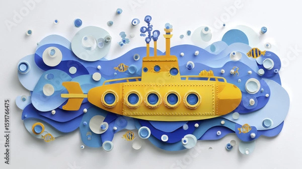 Fototapeta Yellow submarine with portholes in paper cut style surrounded by blue waves and small fish, creating fun and playful underwater scene