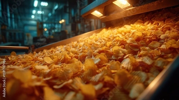Obraz A close-up view of potato chips being processed on an industrial conveyor belt in a factory setting.