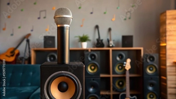 Fototapeta A modern music setup featuring a microphone, speakers, and guitars in a stylish room with musical notes on the wall.
