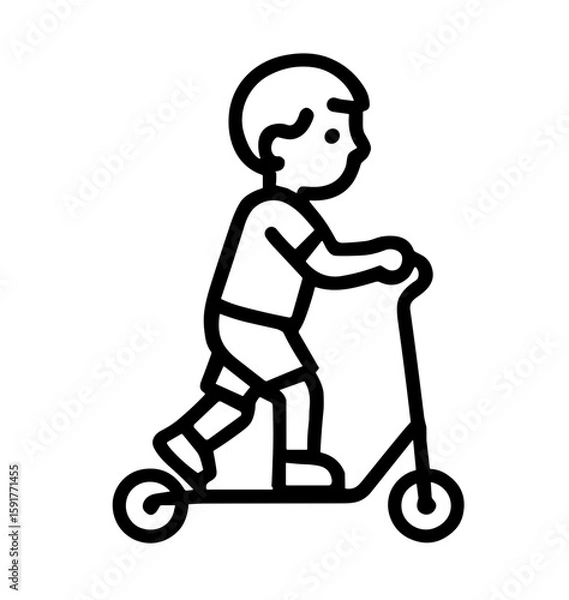 Fototapeta Boy riding a scooter in a playful and cheerful manner  
