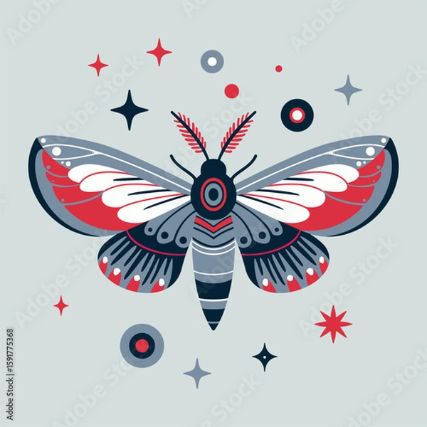 Fototapeta Abstract Geometric Moth Vector Illustration with Celestial Accents in Red, Blue, and White Color Palette
