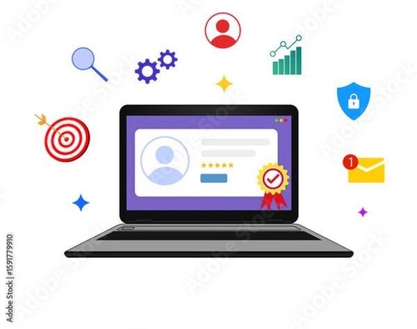 Obraz Employee of the month award concept design on the laptop screen with floating infographics, transparent