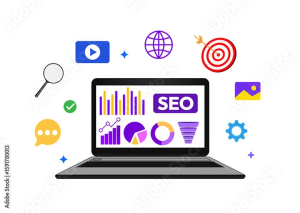 Obraz Search engine optimization concept showing on the laptop screen with colorful floating designs, targets, goal, listing, leads, sales
