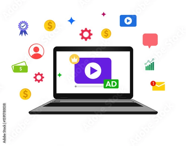 Obraz Laptop video monetization concept design with colorful floating design shapes around the screen, png