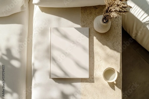 Fototapeta Blank book on beige linen couch beside cream ceramic cup and white vase with dry flowers. Top view home interior with natural light shadows. Relaxation and cozy lifestyle concept for design and print.
