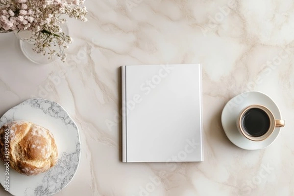 Fototapeta Blank white magazine on marble table with coffee cup on white saucer and bread on plate. Flat lay photography with natural flowers on light background. Breakfast and leisure concept.