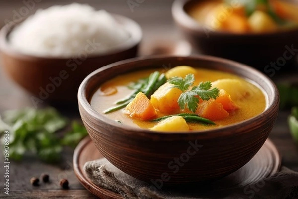 Fototapeta Vibrant vegetable curry served in a traditional bowl with rice for a hearty meal experience