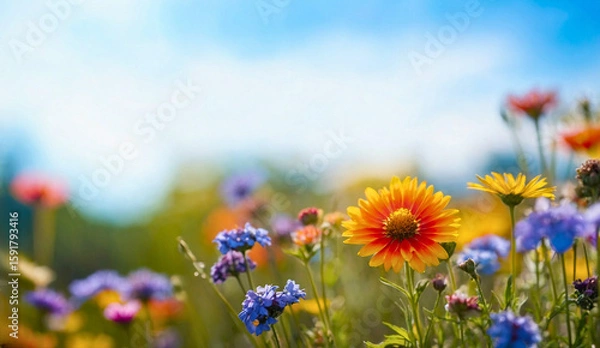 Fototapeta Colorful flower meadow with sunbeams and blue sky and bokeh lights in summer - nature background banner with copy space - summer greeting card wildflowers spring concept
