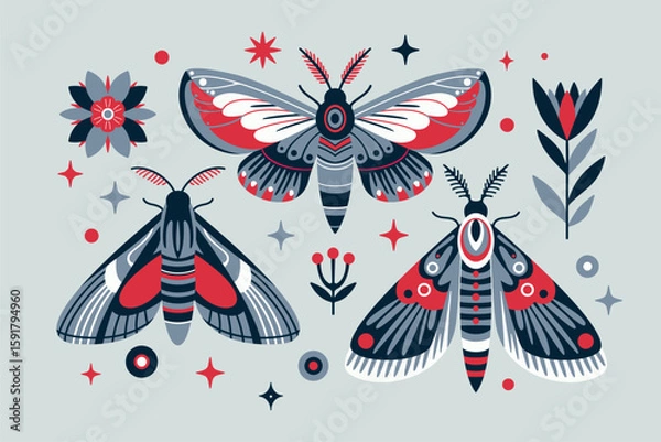 Fototapeta Vibrant Moth and Floral Vector Illustration with Decorative Elements in Red, Blue, and Gray Tones