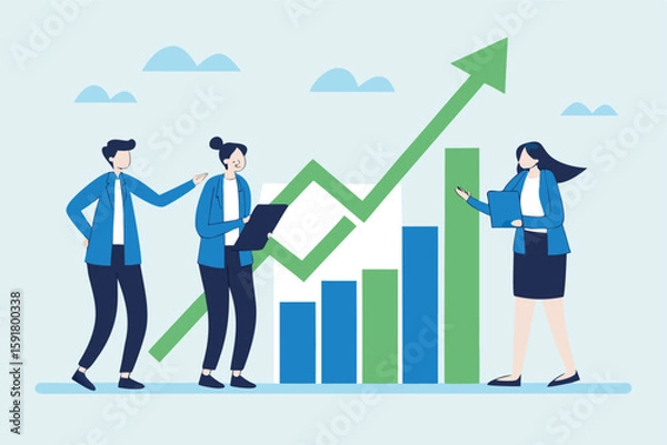 Fototapeta Flat illustration of business team look at rising arrow graph symbolizing business growth and sales increase 