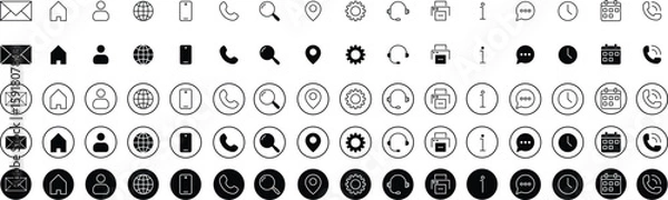 Obraz Contact icon set. Thin line and Solid icons vector collection. Web icon set. Phone, name, website, address, location and mail,  fax, info, logo symbol sign pack. Business icon for company.
